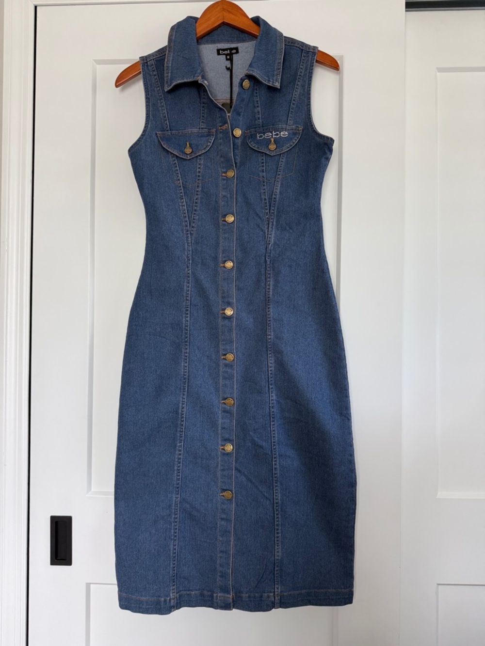 bebe Sleeveless Dark Blue Denim Button-Front Midi Dress - Picture 1 of 5